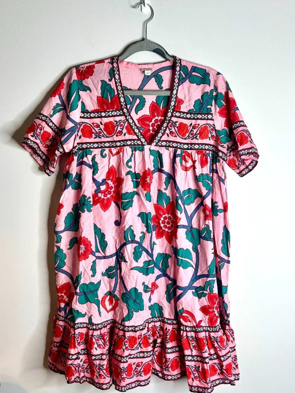 J. Crew Pink Red V-Neck Tunic Dress in Floral Block Print Beach Resortwear S